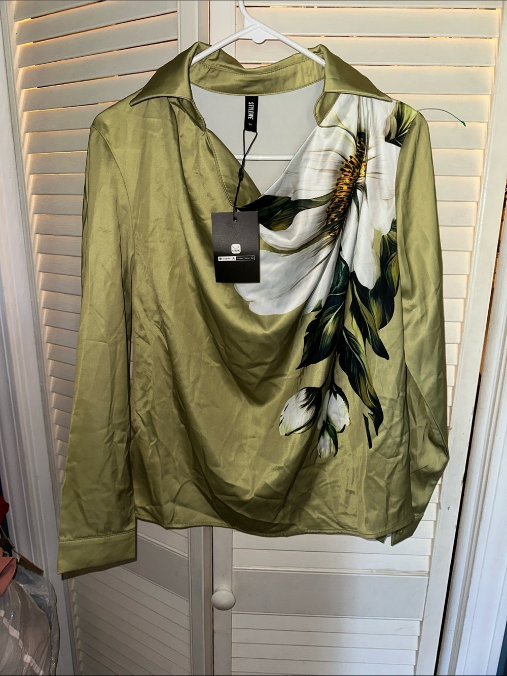 STYLEWE Olive Green Draped Button-Down Shirt with White Floral Print